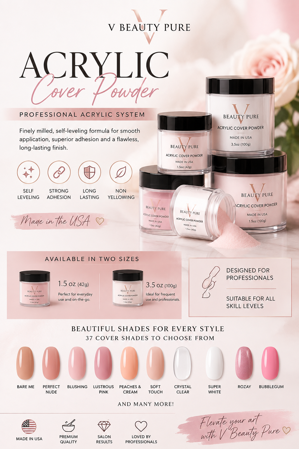 V Beauty Pure Acrylic Cover Powder – 1.5 oz | Choose Your Shade