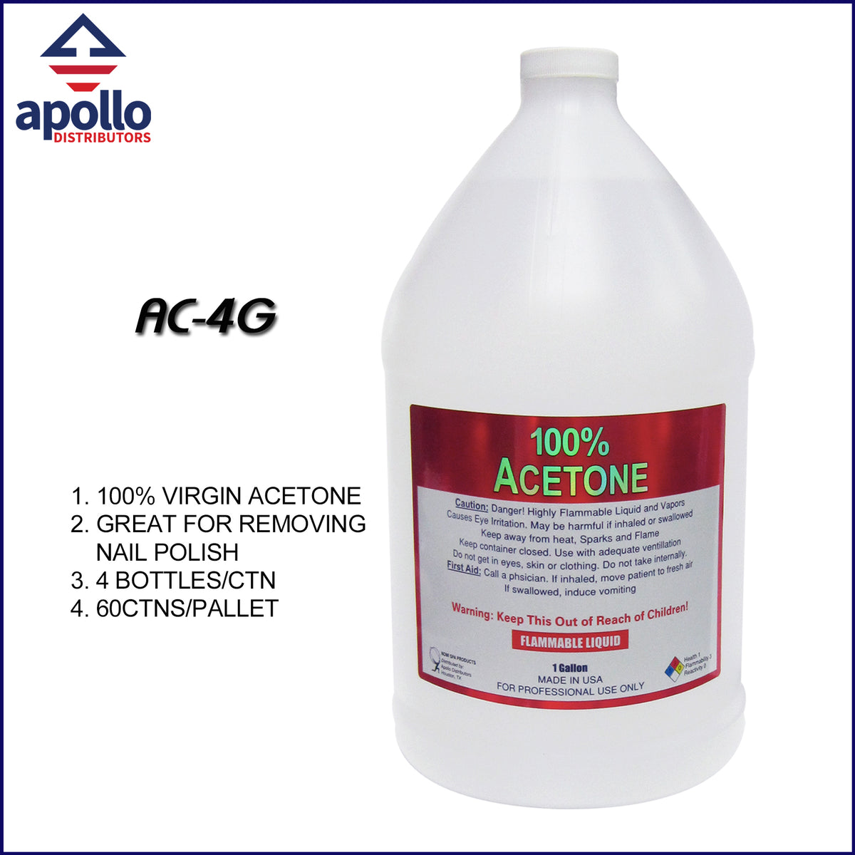 Apollo 100% Pure Acetone – 1 Gallon (128 fl oz / 3.78 L)