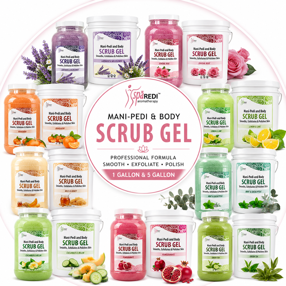 Spa Redi Mani-Pedi & Body Scrub Gel – 1 Gallon & 5 Gallon – Choose Your Fragrance & Size