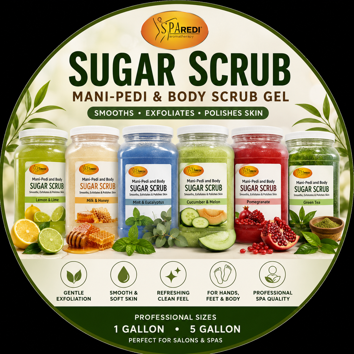 Spa Redi Mani-Pedi & Body Scrub Gel – 1 Gallon & 5 Gallon – Choose Your Fragrance & Size