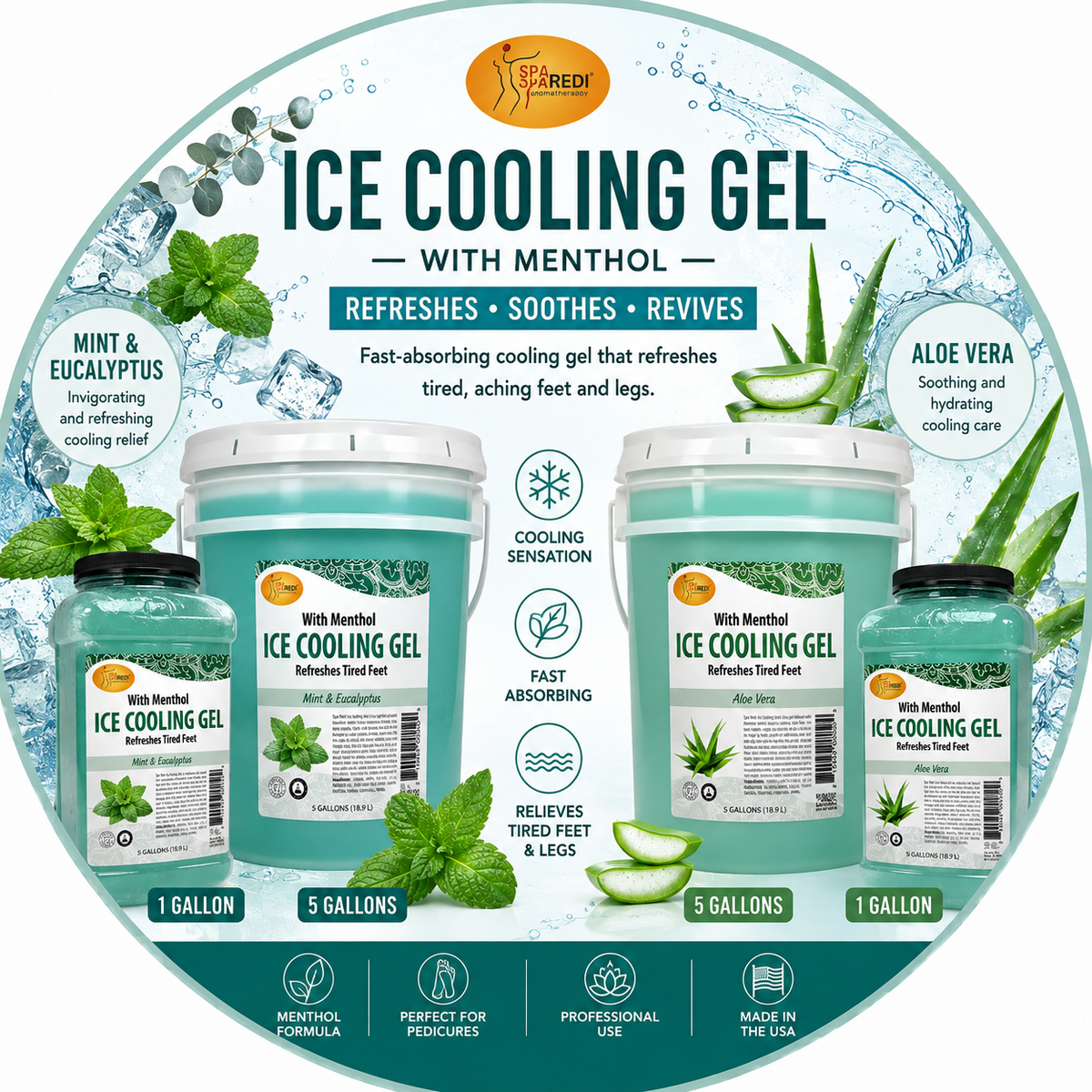 SPA REDI Pedicure Massage Cooling Gel, Fast-Absorbing, 1 Gallon